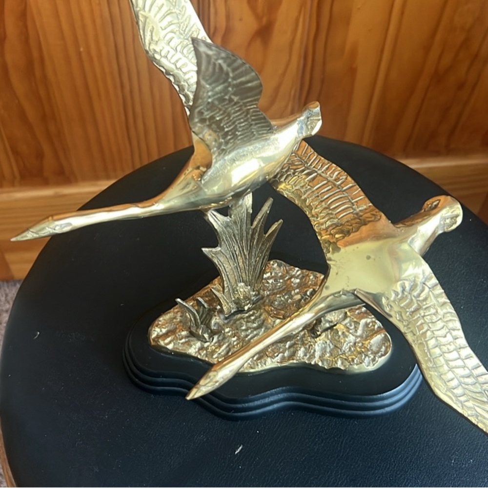 Solid Brass Sculpture, Geese in Flight Stand 10" by 10"
